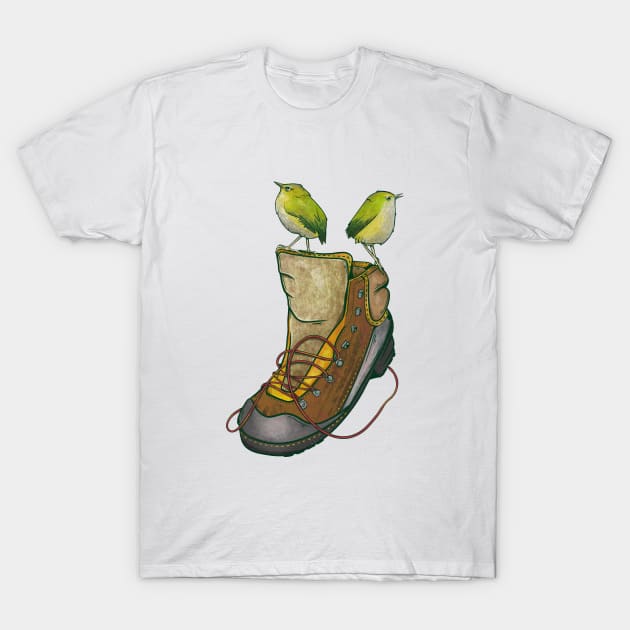 Rock wrens on an old boot T-Shirt by mailboxdisco